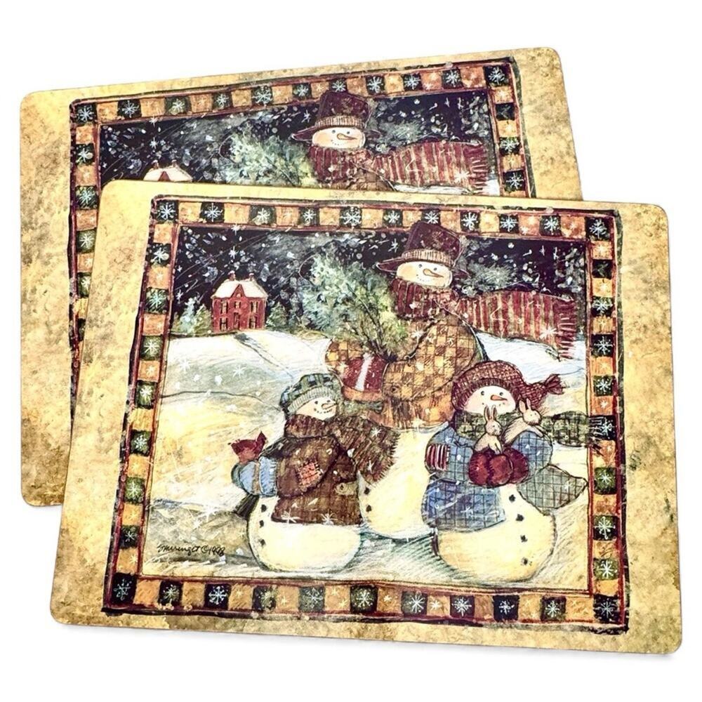 Vintage Lenox (2) Hardboard Placemats WINTER FRIENDS Snowman Holiday Christmas